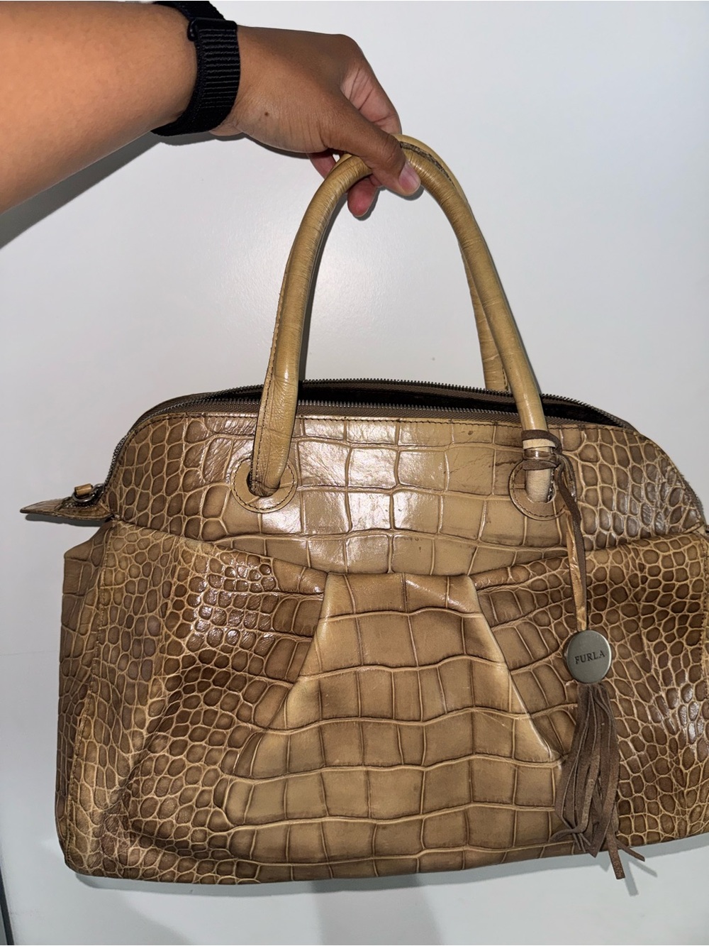Furla Tan Croc-Embossed Leather Satchel with Tassel Charm